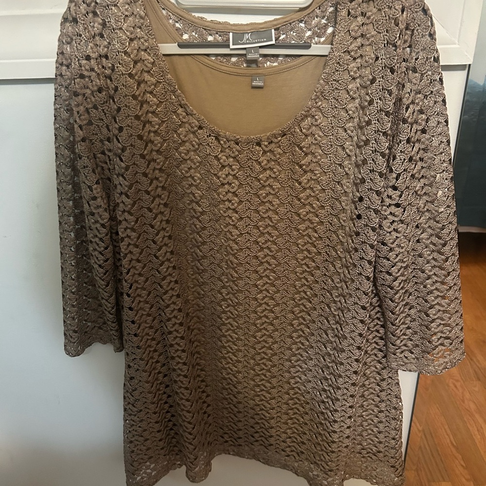 JM Collection Taupe Knit Top with Lace Accents